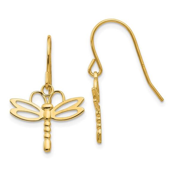Polished Dragonfly Dangle Earrings in 14k Yellow Gold - Picture 1 of 5